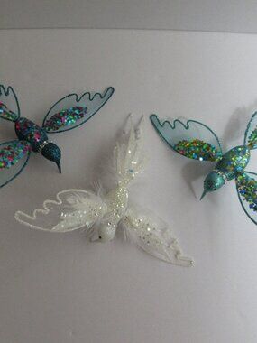 3 Hummingbird Clip On Christmas Ornaments Glitter,Sequins, Net-Mesh Wings